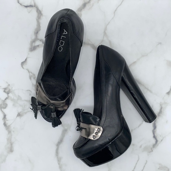 Aldo Shoes - ALDO Black Platform High Heel Lofer Pumps with Tassel Accent